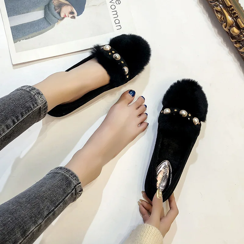 Large Size 34-43 Female Winter Super Soft Mouthful Solid Color Pearl Slip Plus Velvet Comfort Wild Casual Flat Peas Shoes B21-17 | Обувь