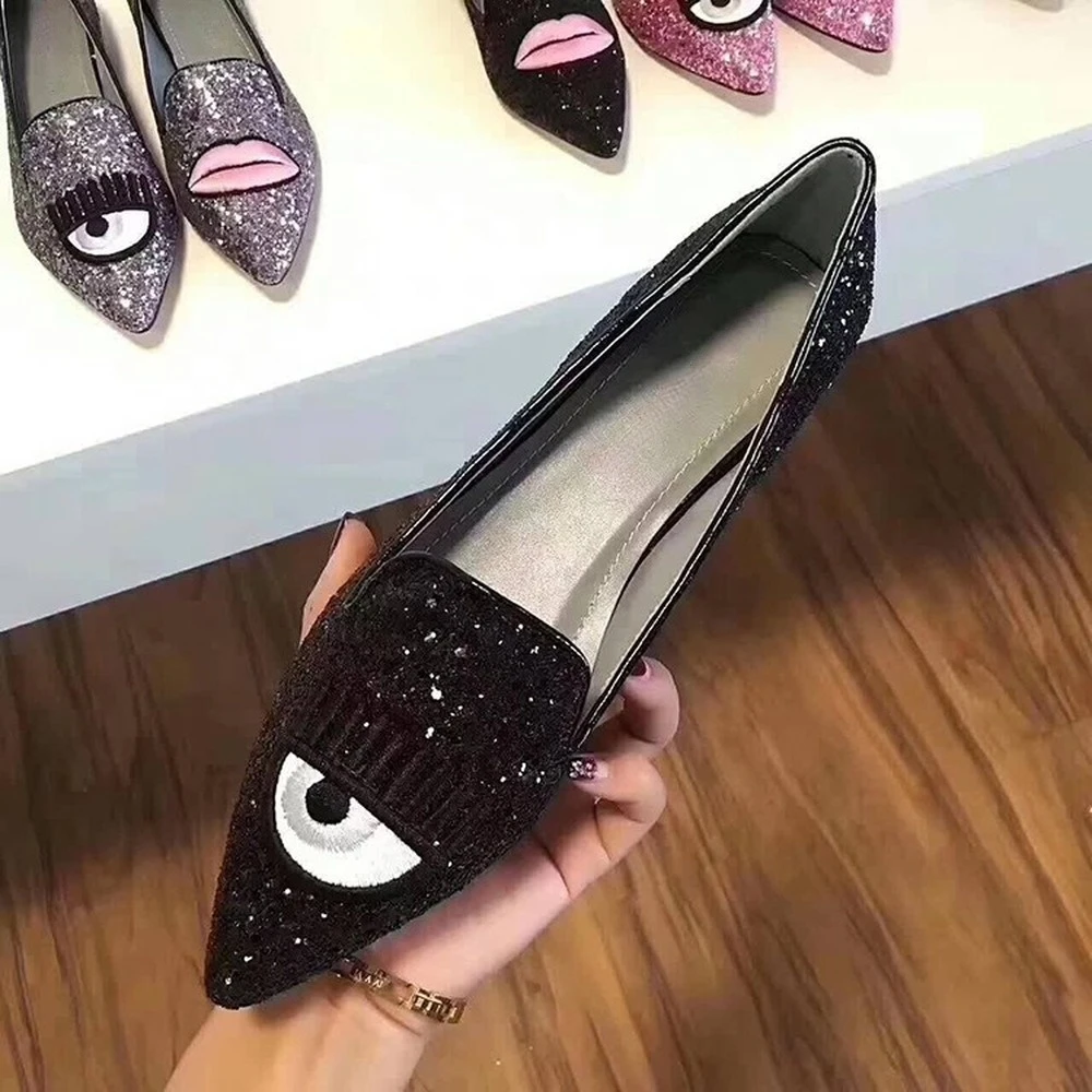 

OLOMLB Womens Pointy Toe Sequins Bling Embroidery Low Heel Loafers Slip on Moccasins Shoes Casual OL 4Colors Luxury