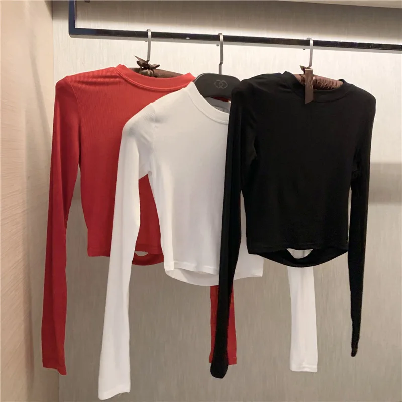

Spring and Autumn crop top women long sleeve sexy Open Back T-shirt Slim Top European and American Women
