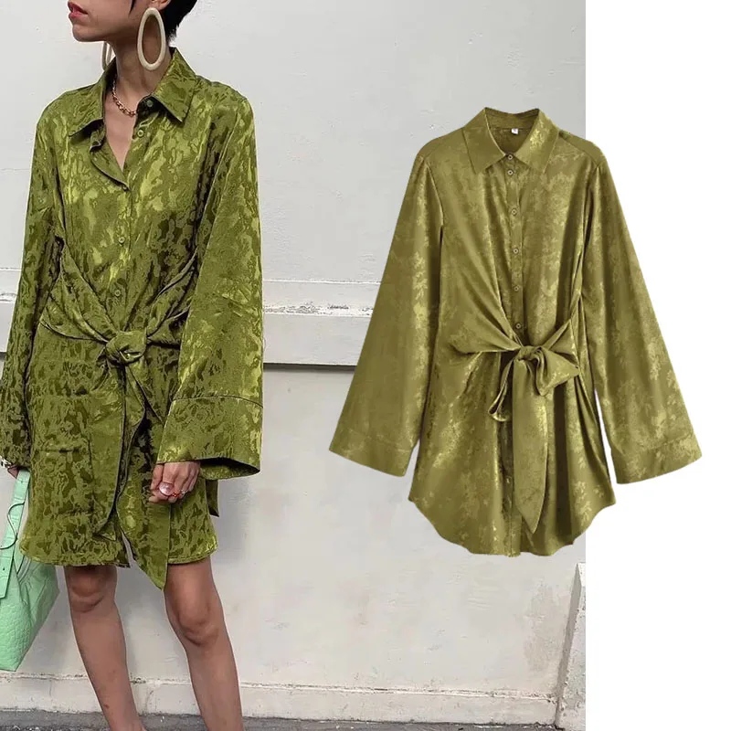 

Xypskh Za Women New Fashion Satin Printing With Belt Mini Dress Vintage Flared sleeves Button-up Female Dresses Vestidos Mujer