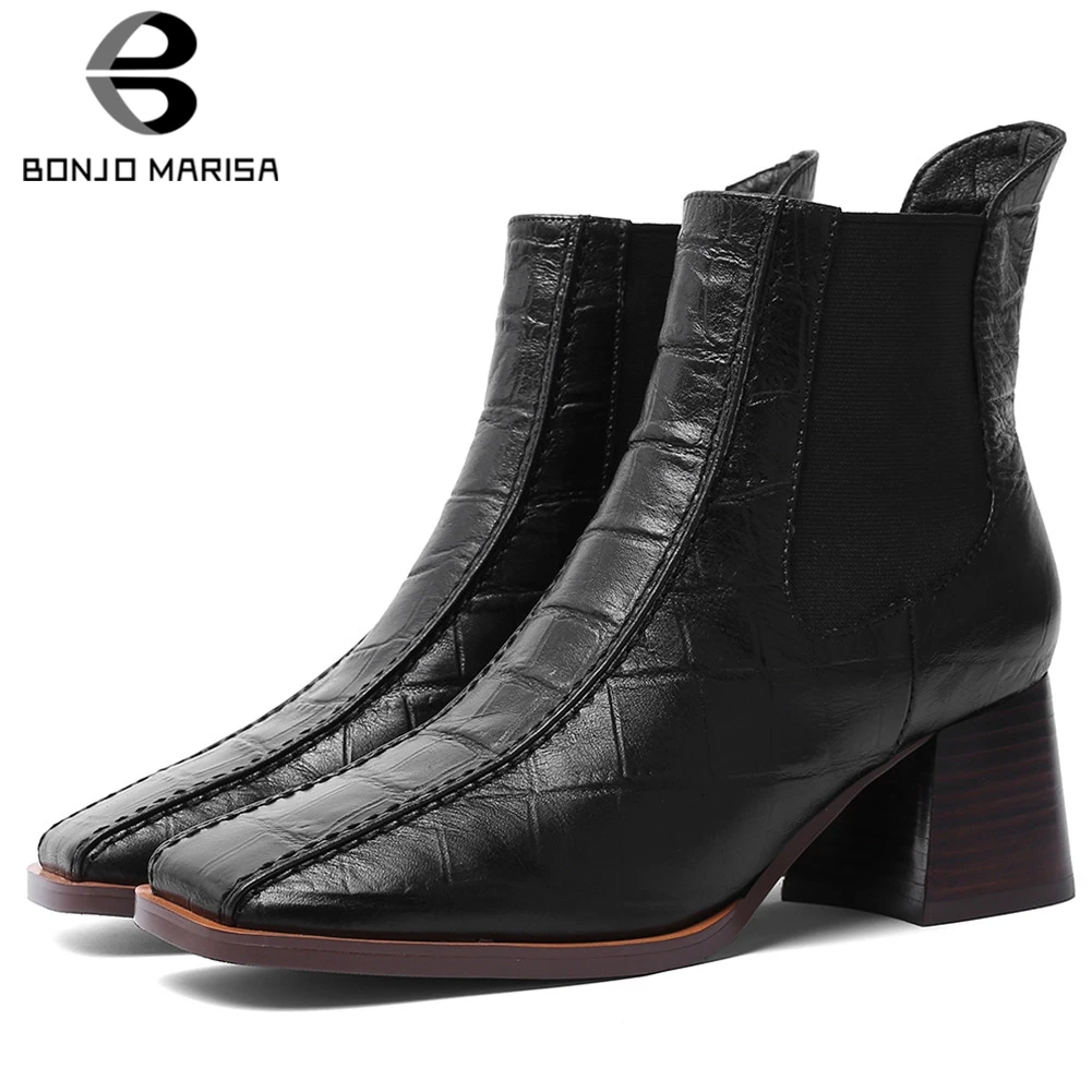 BONJOMARISA/размеры 34-43; фирменные дизайнерские ботинки челси; качественные женские ботильоны из натуральной кожи; женская обувь года на не сужающемся книзу массивном каблуке