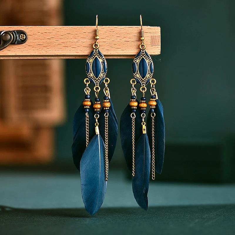 

Creative Retro Tassel Feather Earrings Women's Long Oil Dripping European And American Bohemian Jewelry Party Accessories Gifts