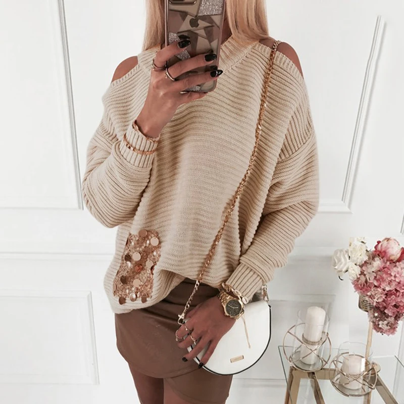 Autumn Winter Sweater LADY Casual Sequins Pocket Long Sleeve Knitted Pullover Streetwear Women Clothes | Женская одежда