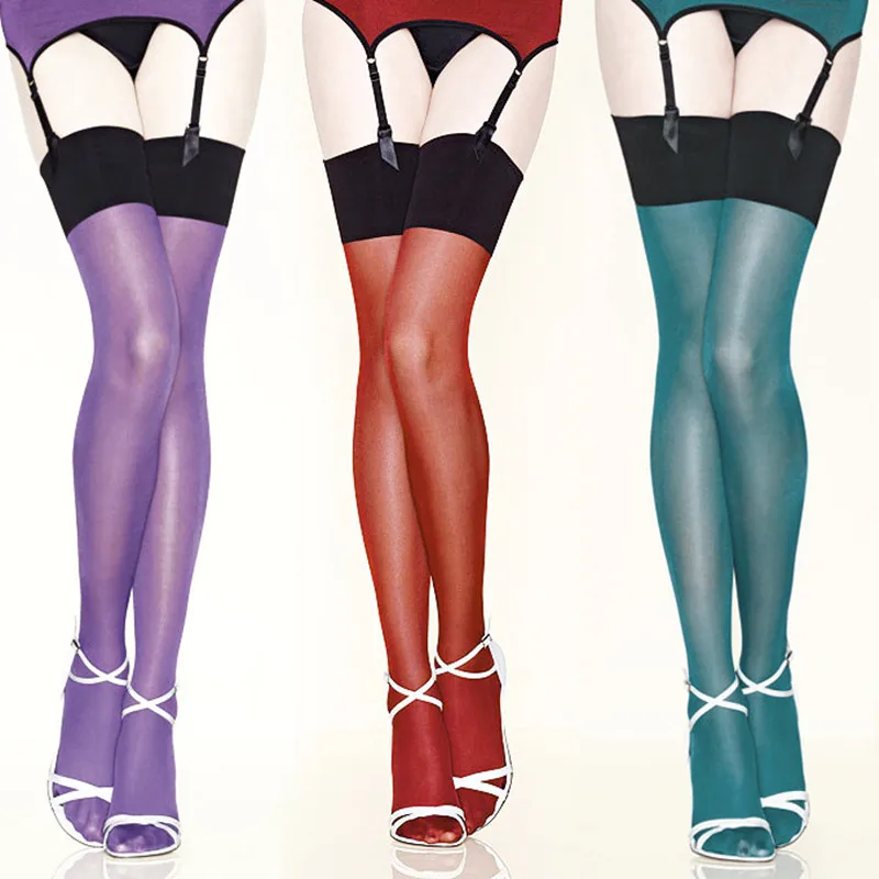 Women's Multi-color Oil Shine Shiny Thigh High Stockings Sexy Ladies Collant Lolita Glitter Lustre Legs Rib Top Opaque