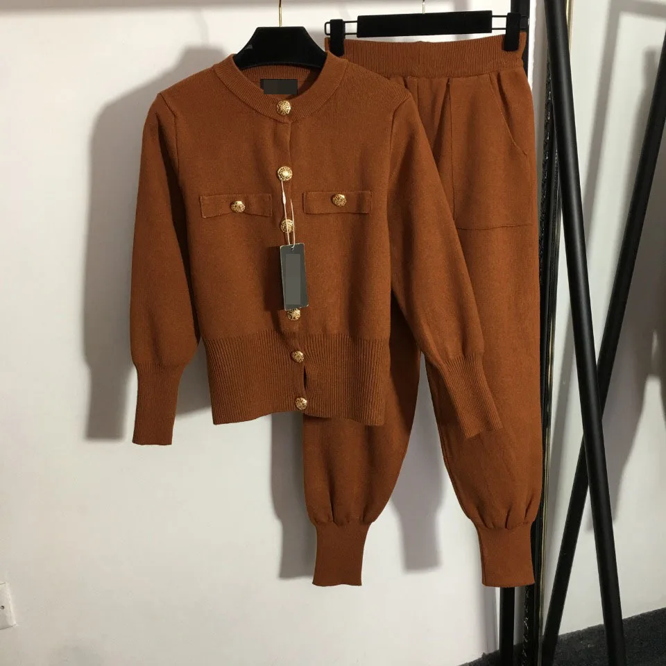 

2021 Autumn and Winter New Knitted Suit Gold Button Waist Long Sleeve Knitted Cardigan + High Waist Legged Casual Pants Set