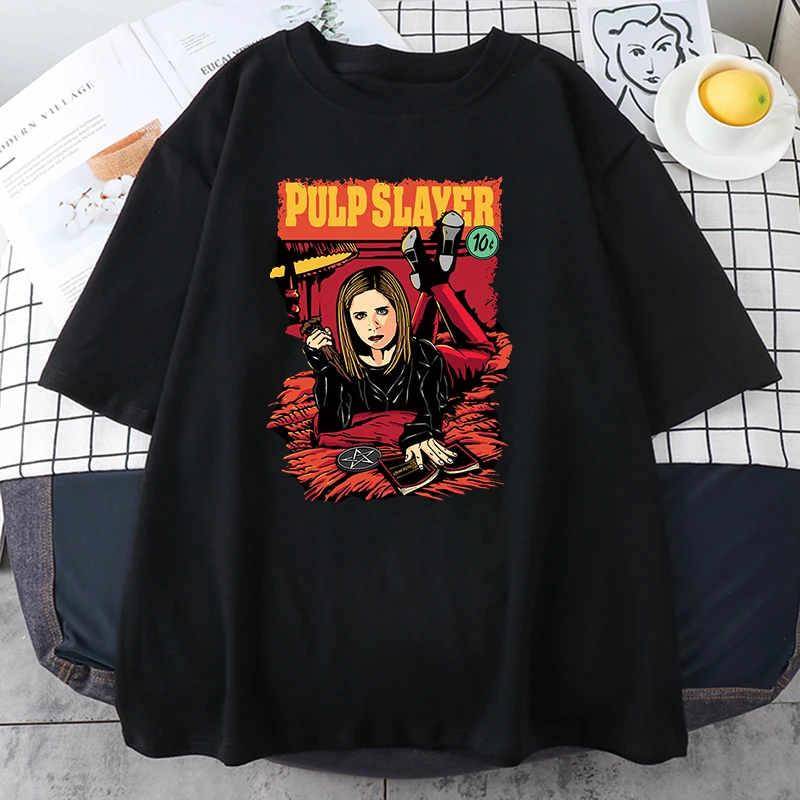 

Женская футболка Pulp Slayer из комиксов, повседневные футболки в стиле хип-хоп 2021, модные футболки в стиле Харадзюку, Летние черные футболки для ...