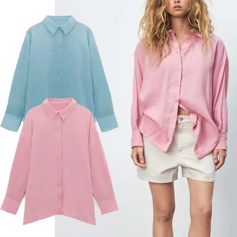 

Za 2021 Summer Pink Oversized Shirt Women Long Sleeve Loose Casual Shirts Woman Fashion Button Up Back Pleat Vintage Tops Blouse
