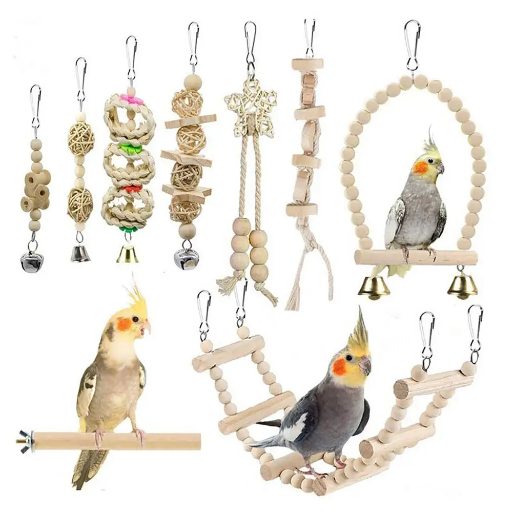 

Wooden Parrot Stand Perch Bird Toy Combo Set Bird Cage Accessory Bird Parrot Swing Chewing Toys-Hanging Bell Bird Cage Toys