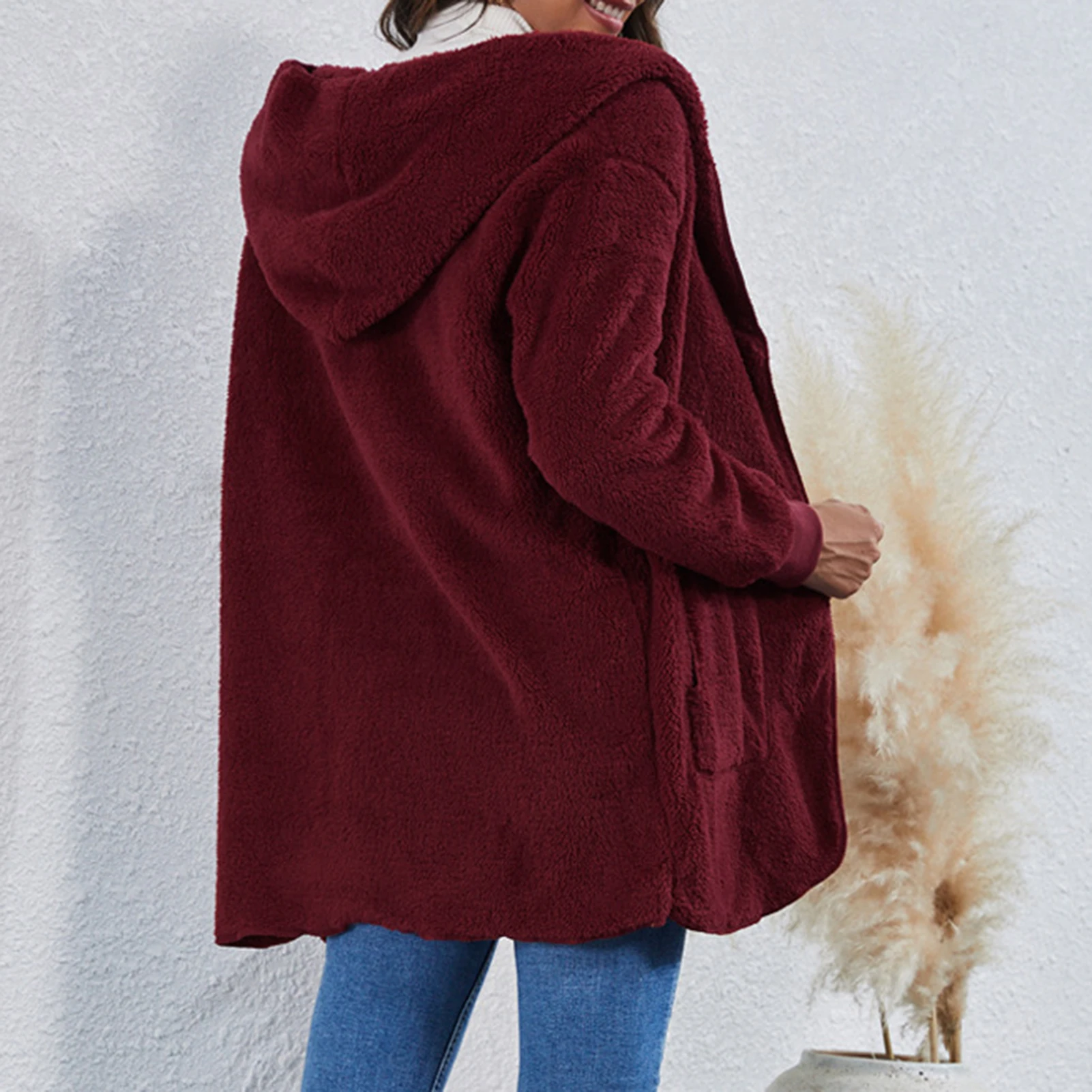 

Women Autumn Winter Long Sleeve Hooded Coat Plush Warm Outerwear Pockets Jacket