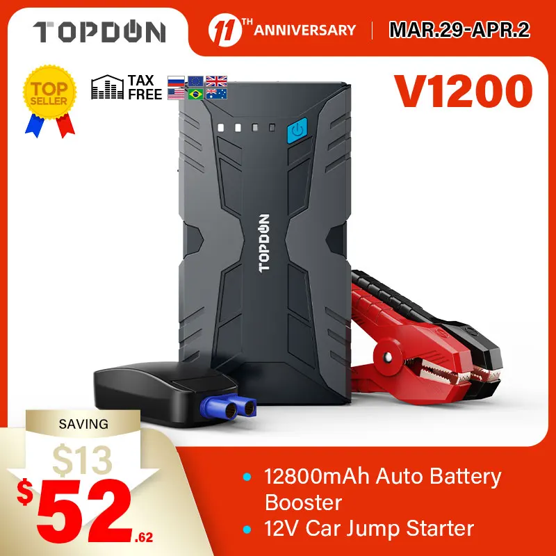 

TOPDON V1200 Jump Starter Peak 1200A Car Emergency Jump Starter Booster Battery Power Bank 12800mAh Auto Car Charger for 12V Car