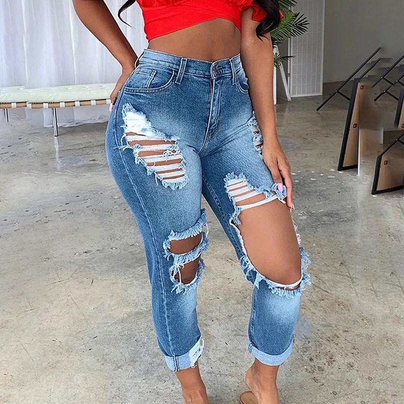 

Джинсы женские на молнии с завышенной талией, повседневные рваные брюки из денима, узкие брюки скинни с завышенной талией