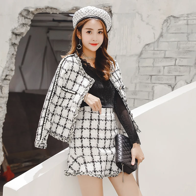 Женский твидовый костюм подиумный однобортный короткий пиджак и мини юбка с