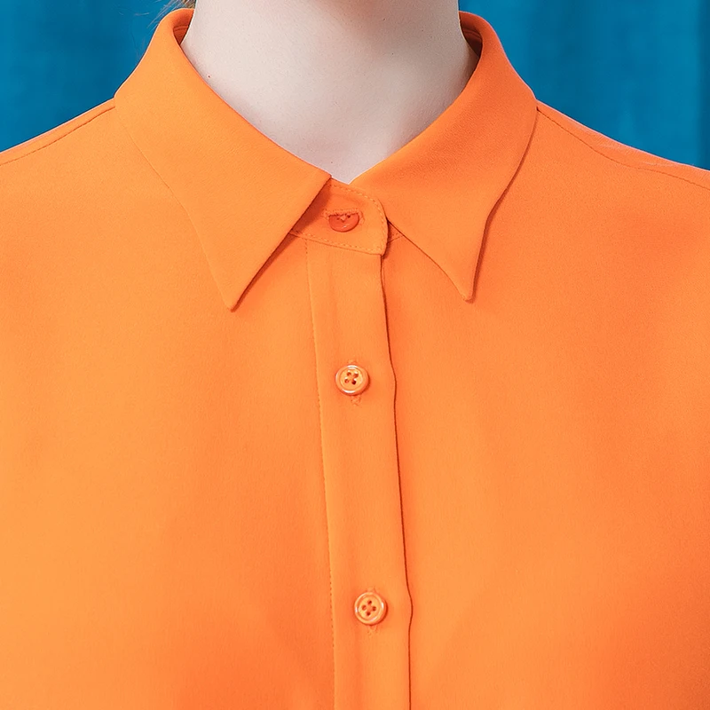 Kaufen VOA 2021 Sommer Seide Polo-Neck Bluse Fliegen Ärmeln Orange Tops BE556 Einreihige Multi-taste Gebogene Saum Lose Plus Größe Shirts