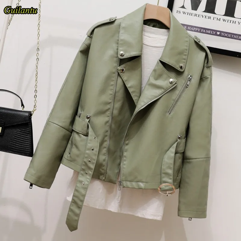 

Guilantu 2021 Women Green Casual Pu Leather Jacket With Belt Autumn Soft Faux Leather Jackets Ladies Motorcycle Biker Basic Coat