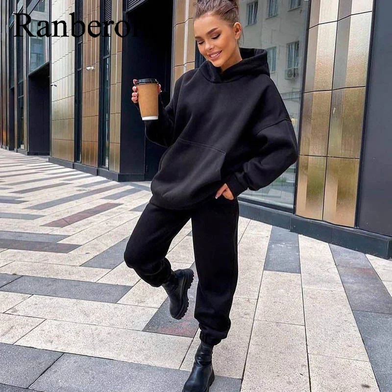 Ranberone Women Casual Fleece Two Piece Sets 2021 Streetwear Basic Tracksuit Hooded Pullover Sweatshirt And Outfit Pant Suit