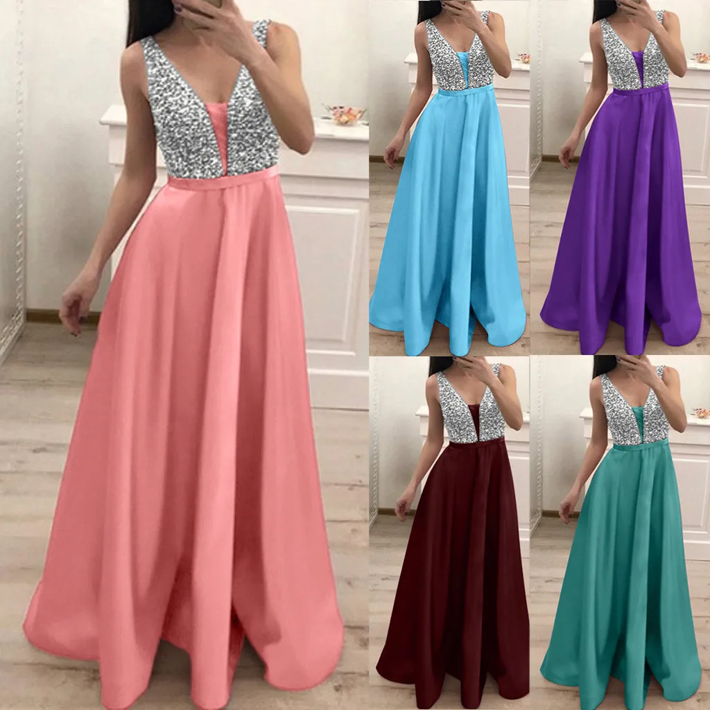 Женская мода платья с блестками без рукавов вырезом в форме буквы V длинное