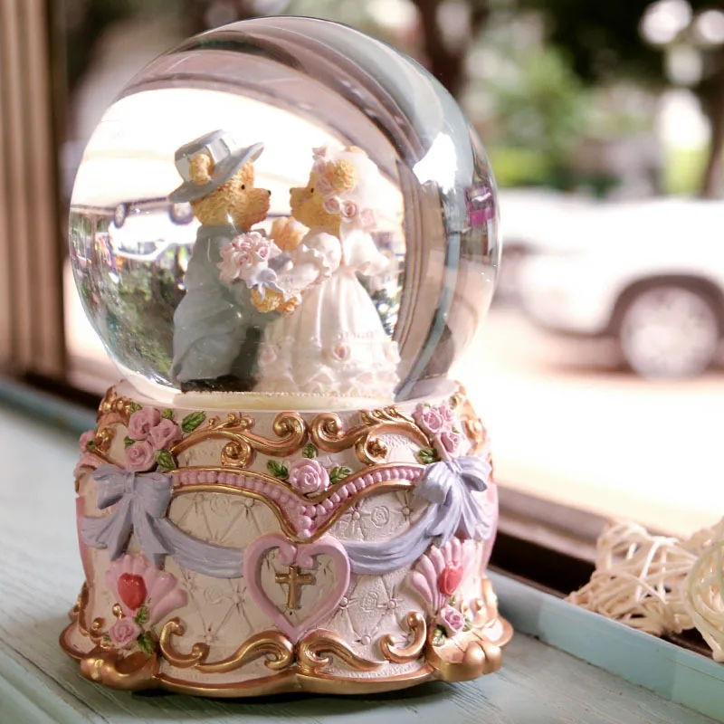 Free shipping Self-blown Snowflake Bear Crystal Ball Music Box Eight-tone Box for Girls'Birthday Gifts