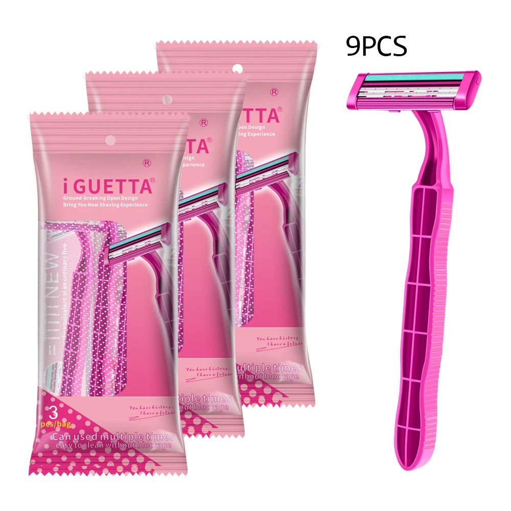 

IGUETTA 9PCS Safety Razor For Women Twin Blades Female Body Hair Shaver Bikini Razor With Lubricant Aloe Strip