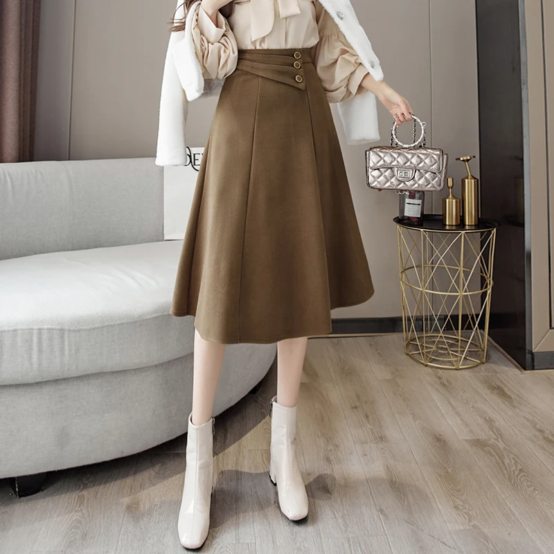 

Elegant Button High Waist A-line Woolen Midi Skirts Womens Autumn Winter Fashion Long Skirt Office Ladies Wool Skirt