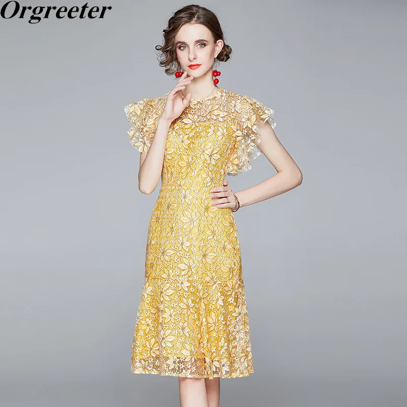 

Summer Dress 2021 Elegant Ladies Temperament Slim Printted Slim Knee-length Lace Dress O-neck Flying Sleeve vestido feminino
