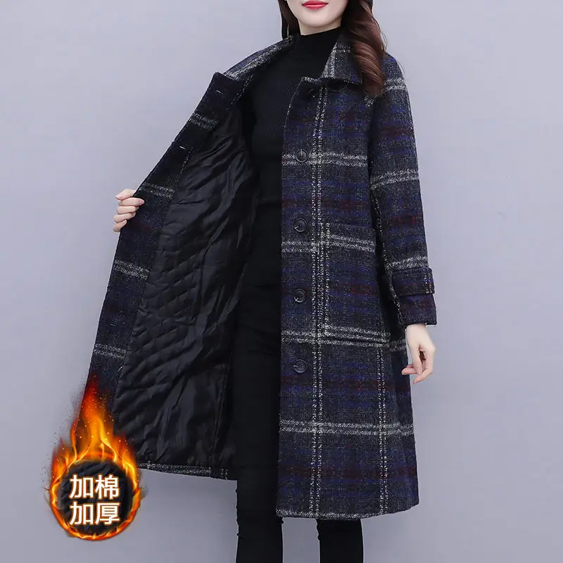 

Женское шерстяное пальто в клетку, толстая Свободная куртка средней длины с хлопковой подкладкой, M1234, для осени и зимы