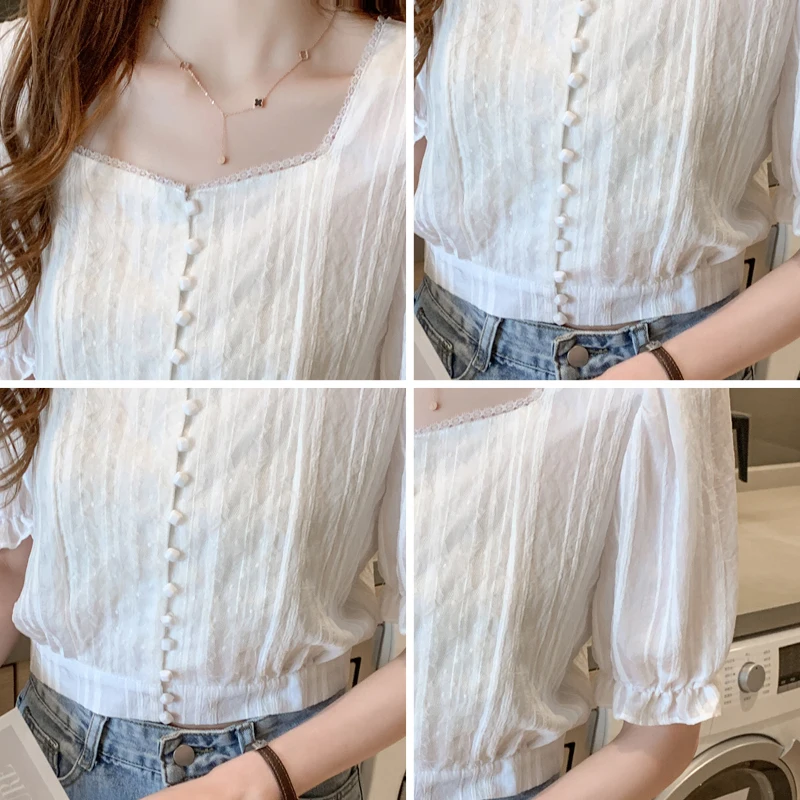 

2021 summer new Korean version of the trendy fashion short-sleeved shirt all-match elegant temperament short top women