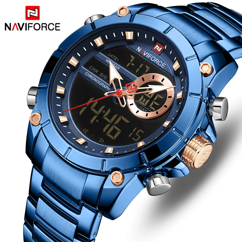 

NAVIFORCE спортивные роскошные Брендовые мужские часы, водонепроницаемые, нержавеющая сталь, двойной светодиодный наручные часы, кварцевые мужские часы, дизайн Reloj Hombre