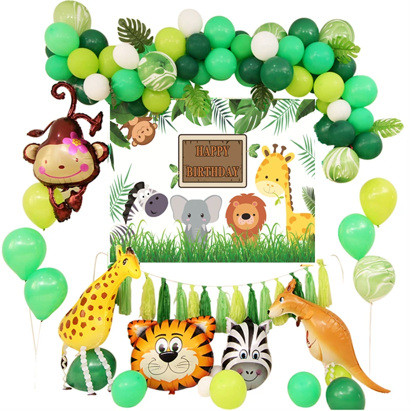 Globos decoracion ninos 1 er cumpleanos Safari Animal globo arco Kit vida silvestre jirafa Globo Verde guirnalda personalizar|Воздушные