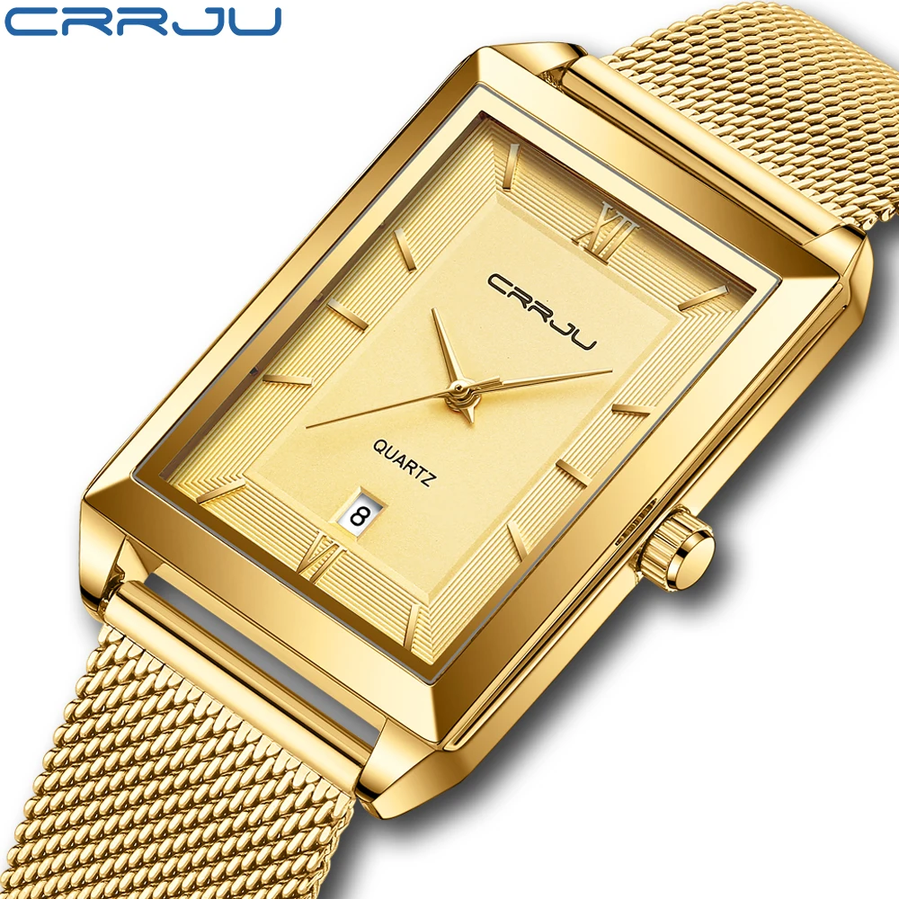 CRRJU-Reloj de pulsera de acero inoxidable para hombre, cronógrafo Masculino de lujo, cuadrado, dorado, resistente al agua