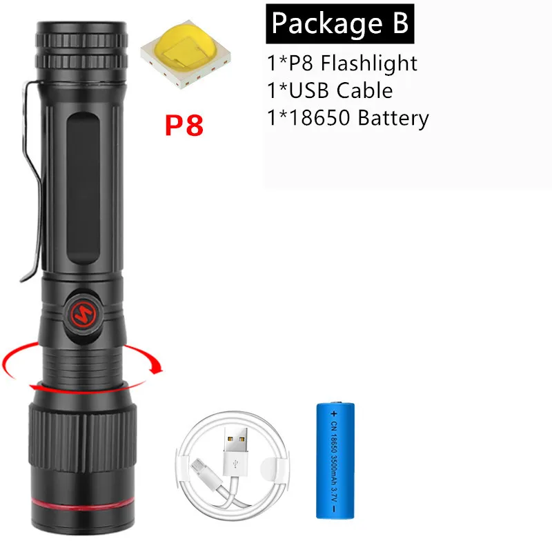 Package B Яркий XHP50 перезаряжаемый светодиодный фонарик мощный XHP70.2 фонарь P8 свет супер водонепроницаемый Zoom охотничий свет использование 18650 - Испускаемый цвет: Package B