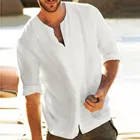Мужская льняная блузка с рукавом 34, мешковатые пуговицы, летние однотонные удобные повседневные свободные праздничные рубашки из чистого хлопка и льна, футболки, топы