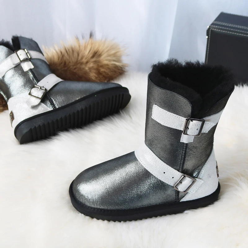 black silver G& Zaco/Роскошные зимние ботинки из овечьей кожи; ботинки на овечьем меху; женские шерстяные ботинки; женские ботинки до середины икры из натуральной овечьей кожи с пряжкой - Цвет: black silver