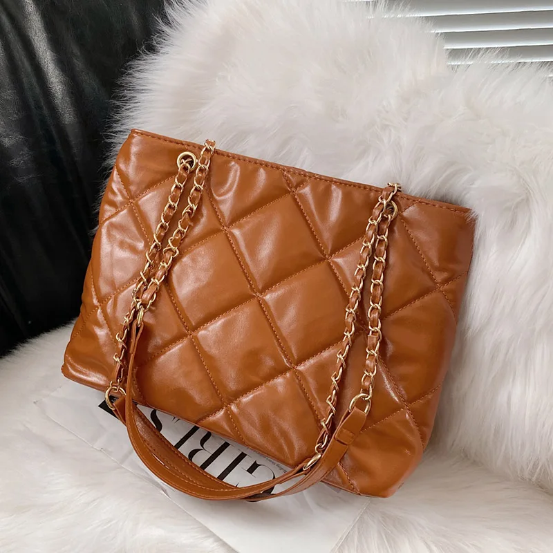 

PU Leather Lingge Shoulder Bag Designer Women Quilted Totes 2021 Winter Luxury Fashion Large Capacity Black Handbag