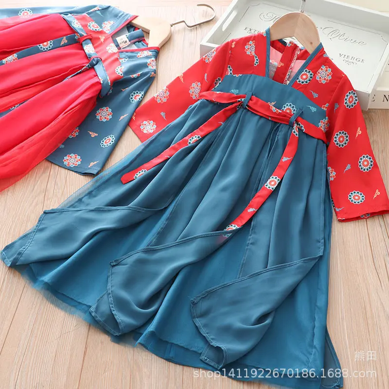

Girls' Hanfu Long Sleeve V-neck Improved Hanfu Children's Princess Dress Fashion Contrast Color Girls Clothes Cheap Wholesale