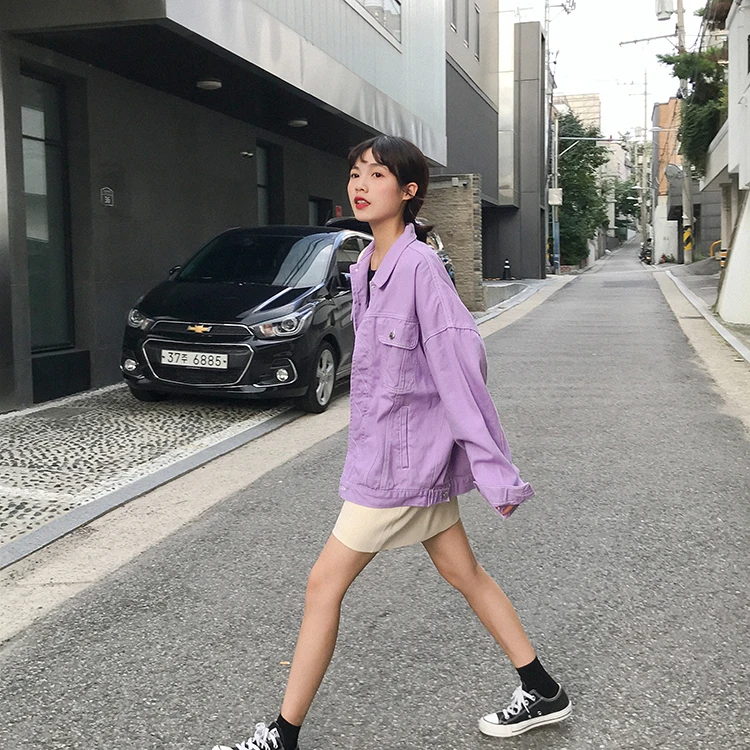 

NEW Autumn Harajuku Casual Women Jacket Oversized Loose Purple Denim Jacket Preppy Style Basic Coat Tops