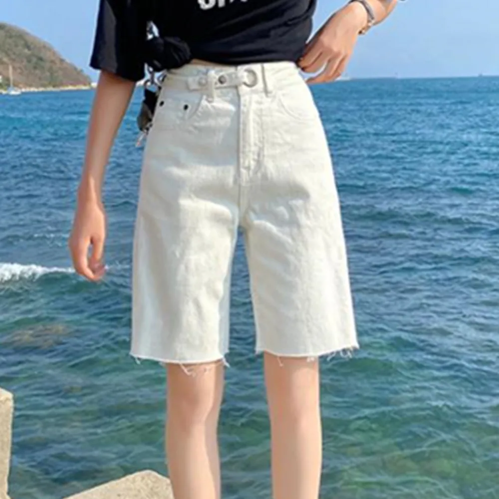Женские джинсовые шорты с завышенной талией белые шорты-бермуды до колена лето