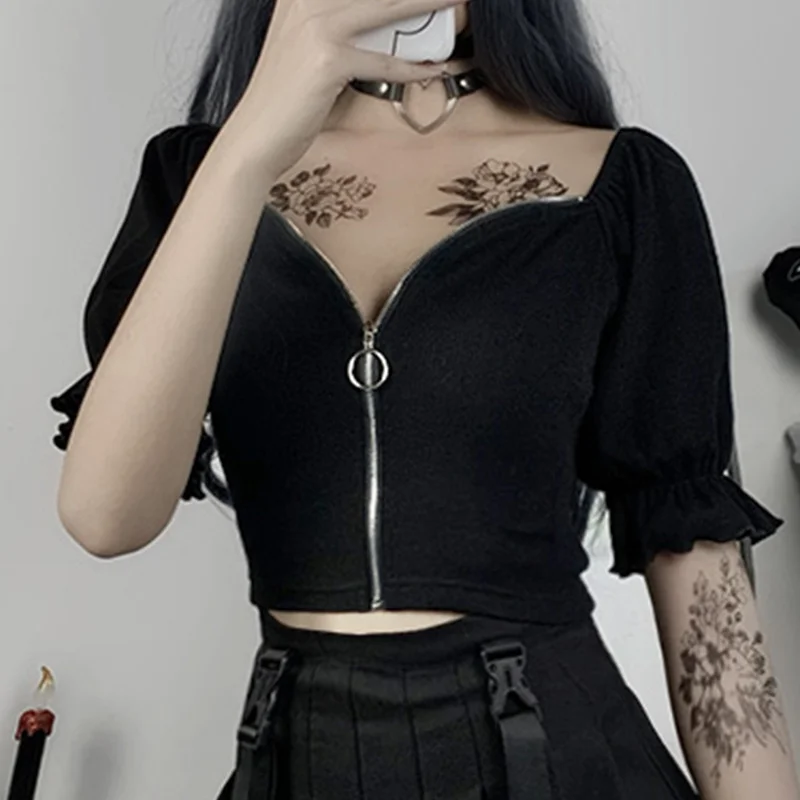 

Kywommnz Women Zipper Knitting Cardigan T-shirt Fashion Slim Thin Solid Color Short Sleeve Short Top T Shirt Summer 2021 E3783