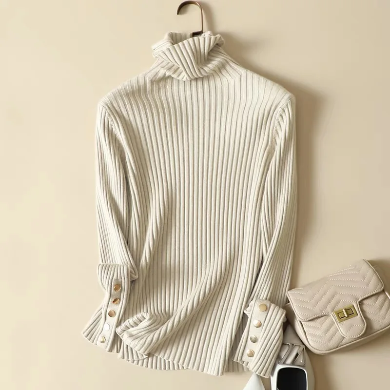 Женский пуловер с высоким воротом свитер кабель ребристый тонкий длинный рукав