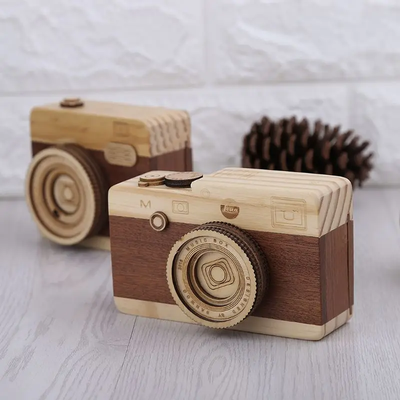 

High Quality Wooden Music Box Retro Camera Design Classical Melody Birthday Home Decoration