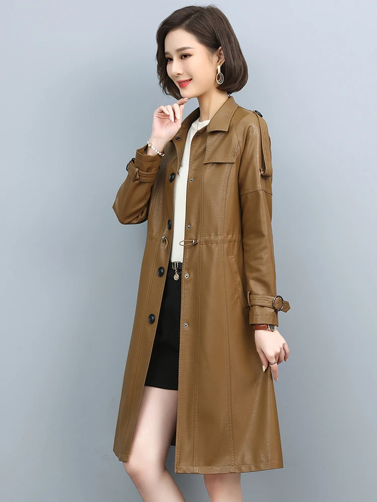 New Women Leather Trench Coat Spring 2022 Fashion Turn-down Collar Solid Color Drawstring Loose Long Sheepskin Coat
