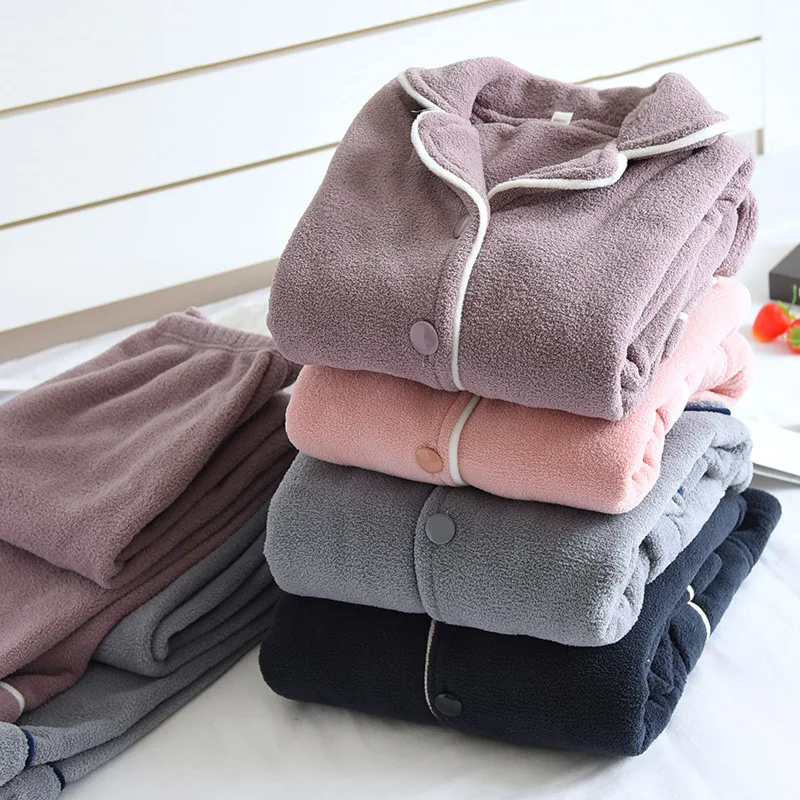 

Autumn Winter Women Flannel Homewear Men Thick Warm Pajamas Couple 2 Piece Set Home Clothes Velvet Sleepwear Female Pajama Sets