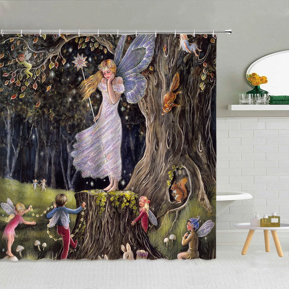 Сказочная лесная занавеска для душа с изображением эльфа девочки кролика грибы
