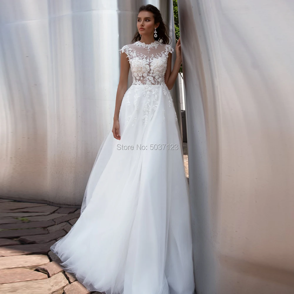 

Cap Sleeves A Line Wedding Dresses O Neck Lace Appliques Sweep Train Wedding Bridal Gowns Vestido de noiva Button Illusion