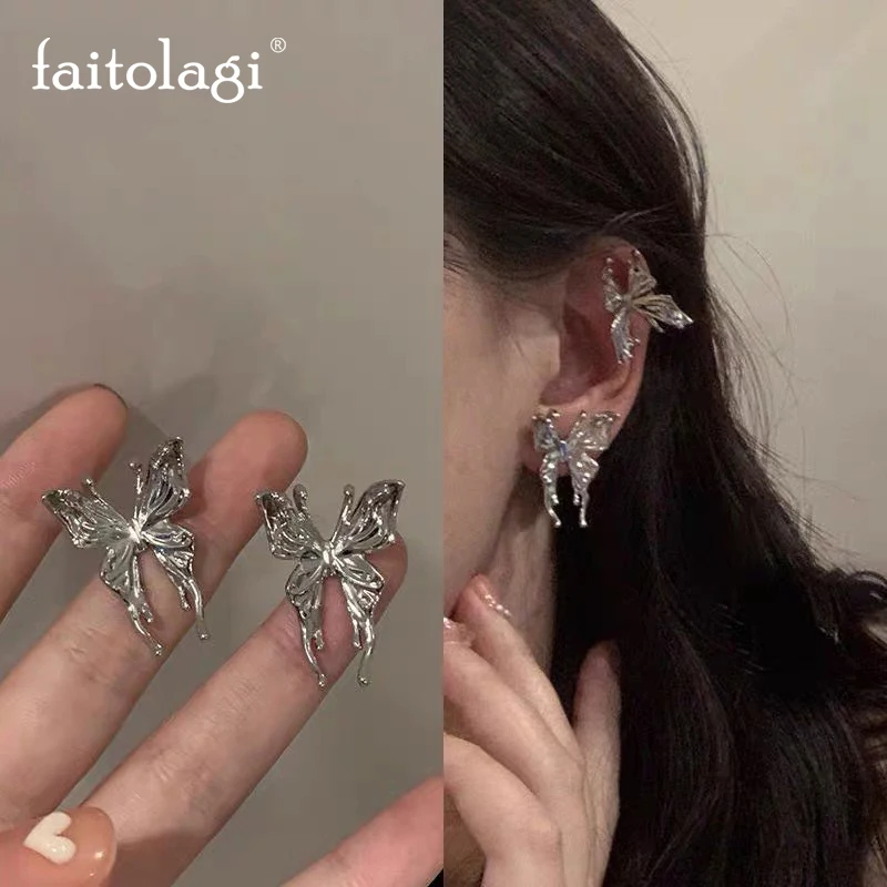 2022 New Y2K Aesthetic Liquid Butterfly Earrings for Woman Korean Metal Butterfly Stud Earrings Ear Studs Jewelry Accessories