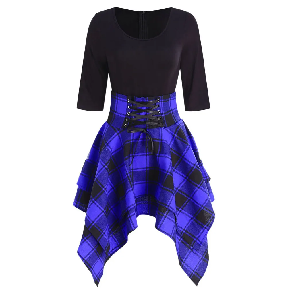 

Up Dress Lace Plaid Mini Print Tartan O-Neck Women Asymmetrical Fashion Casual Women's Dress Wrap Dress Vestidos