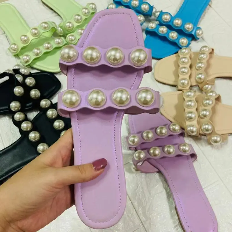 

ZAR Woman 2021 Shoes Summer New Fashion Flat-Bottomed Women's Pearl Flat-Heeled Beach Sandals For Women Slippers Luxury Brand