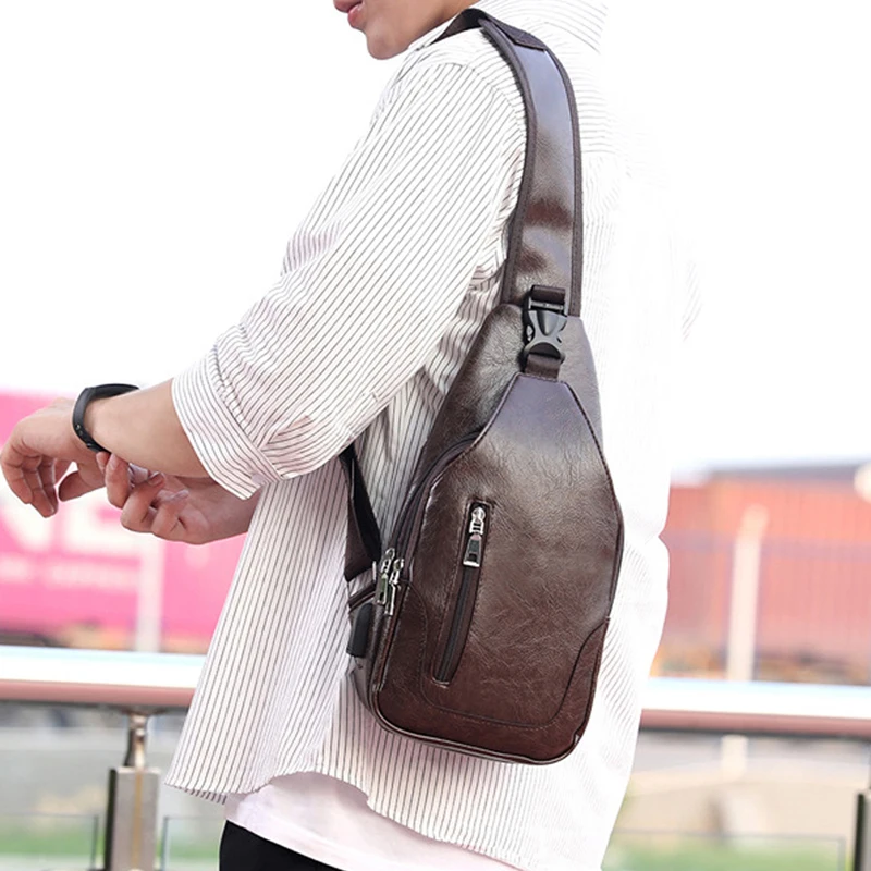 

LKEEP Men's Chest Bag Men Leather Chest Pack USB Backbag With Headphone Hole Functional Travel Organizer Male Sling Bag