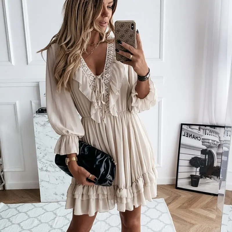 

Sexy Lace Women's Party Dress Christmas Black Elegant Long Sleeve Ruffle Chiffon Dress Sexy V Neck Ladies Clothes 2020