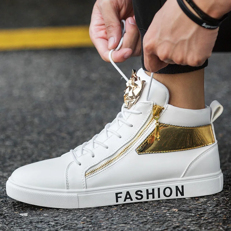 

2021 Hot Sale White Vulcanized Shoes Men High Top Zipper Casual Sneakers Men Autumn Winter Comfortable Flat Shoes Zapatos Hombre