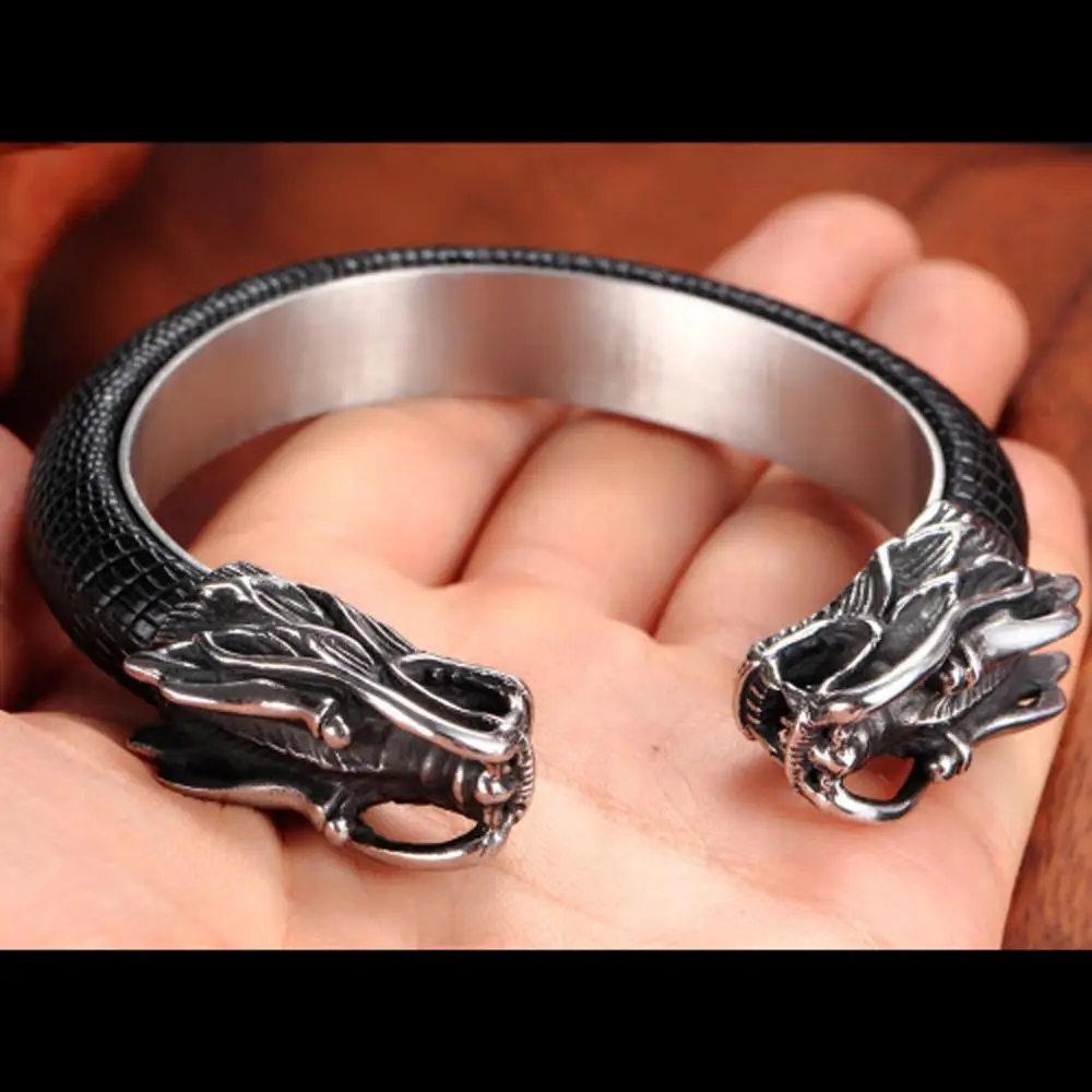 Мужской кожаный Браслет манжета из нержавеющей стали 316L с головой